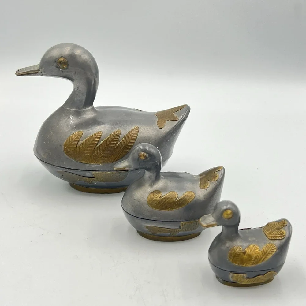 Vintage‎ Pewter Brass Nesting Duck Trinket Boxes Set of 3 Made in Hong Kong